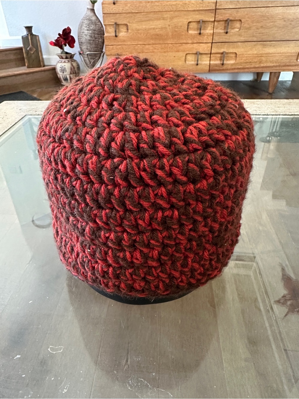 Handcrafted Red and Brown Chunky Knit Pouf - Home Accents
